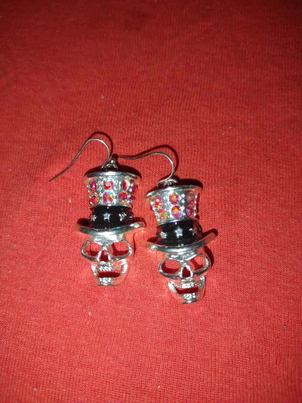 Silver Skull Top Hat Earrings with Pink and Red Rhinestones